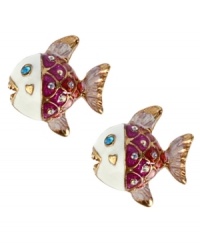 Take a dip this season. Betsey Johnson's deep-sea style features pretty pink and white fish with sparkling crystal accents. Crafted in antique gold tone mixed metal. Approximate diameter: 3/4 inch.