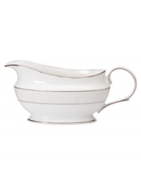 A sweet lace pattern combines with platinum borders to add graceful elegance to your tabletop. The classic shape and pristine white shade make this sauce boat a timeless addition to any meal. From Lenox's collection of dinnerware and dishes.