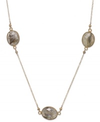 An elegant touch, times three. Studio Silver's 18k gold over sterling silver necklace is adorned with labradorite stations (4-3/8 ct. t.w.) for a subtle, yet bold, fashion statement. Approximate length: 16 inches + 2-inch extender. Approximate diameter, labradorite stations: 1/2 inch.