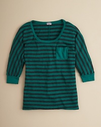 A cozy waffleknit texture brings this fabulous striped tunic down to an earthy, everyday spot in her wardrobe.