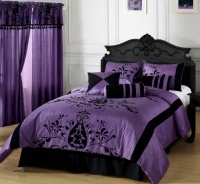 CozyBeddings 7pc Comforter Set Purple with Black Floral Flocking Bed-in-a-bag Queen Size Bedding