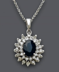 Add a burst of sparkle to your neckline. This stunning pendant from Royalty Inspired by  Effy Collection features an oval-cut faceted sapphire (1-9/10 ct. t.w.) surrounded by two sparkling rows of round-cut diamonds (1 ct. t.w.). Crafted in 14k white gold. Approximate length: 18 inches. Approximate drop: 1 inch.