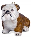 Just begging for a home, this brown and white bulldog ornament has puppy dog eyes and a beautiful coat in hand-painted glass by Joy to the World.