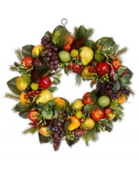 Invigorate your space this holiday season with the vibrant look of this colorful Mixed Fruit holiday wreath. It features a myriad of fruits clustered with pine branches, showcasing one festive harvest.