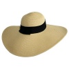 Flat Tan Wide Brim Sun Hat With Black Ribbon Trim