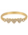 Your heart will go aflutter for this hinge bangle bracelet from Betsey Johnson. A triple heart design is prettied up with crystal accents. Includes signature gift box (4 diameter). Crafted in antique gold tone mixed metal. Approximate diameter: 2-1/3 inches.