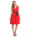 Calvin Klein Women's V-Neck Belted Fit And Flare Dress, Poppy, 6