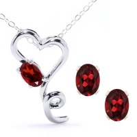 2.56 Ct Oval Red Garnet Heart Shape Pendant Earrings Set With 18 Chain