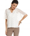 A sheer delight: Alfani's three-quarter sleeve petite top, featuring a whimsical polka-dot pattern and crochet trim.