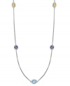 Pretty pops of color, all in a row. This delicate long strand necklace features round and oval-cut stations of blue topaz (4 ct. t.w.), citrine (1-1/2 ct. t.w.) and amethyst (4-1/2 ct. t.w.). Setting and lobster claw clasp crafted in sterling silver. Approximate length: 36 inches.