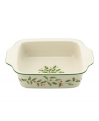 Bake it merry. With a holly motif to match the beloved Holiday dinnerware from Lenox, this small square baker is ideal for serving fruit crisps and roasted veggies.