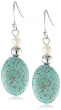 Sterling Silver Turquoise Oval Bead and Freshwater Cultured Pearl Drop Earrings