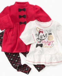 Your sweet bundle of joy will look lovely in this super adorable and super soft 3-piece bow accented jacket, trendy top, and colorful bow print leggings set by Kids Headquarters.