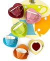 Sweet tea set. Porcelain tea cups with heart-shaped centers and matching saucers transform your afternoon tradition into a proper tea party. Featuring six cheerful hues and a pretty hat box that's perfect for giving. From Classic Coffee & Tea.