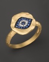 Diamonds and sapphires form an ancient evil eye symbol in 14K yellow gold. By Meira T.