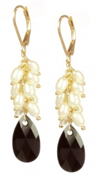 Gold Plated Sterling Silver Lever Back Cluster Earrings with White Freshwater Cultured Pearl Drop and Crystallized Swarovski Elements Jet Bicone Beads