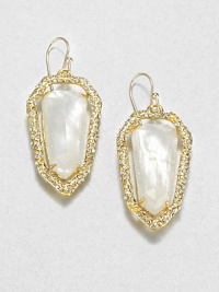 From the Miss Havisham Collection. Luminous shield-shaped doublets of mother-of-pearl and white quartz have sparkling golden frames set with Swarovski crystals for light-catching radiance.Mother-of-pearl and white quartzCrystalGoldtoneLength, about 2Width, about .75Ear wireMade in USA