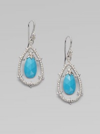 From the Calypso Collection. A shining teardrop with a spiky texture and white sapphire accents frames a faceted drop of vivid turquoise.Turquoise and white sapphireRhodium platedLength, about 2Ear wireImported