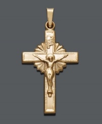 Express your beliefs in everlasting style. Cross pendant features a crucifix and starburst design in 14k gold. Approximate drop width: 3/4 inch. Approximate drop length: 1-1/2 inches.