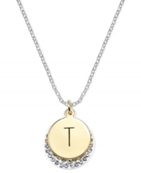 Letter perfection. This sterling silver necklace holds a pendant set in 14k gold and sterling silver plated topped with a T and adorned with crystal for a stunning statement. Approximate length: 18 inches. Approximate drop: 7/8 inch. Approximate drop width: 5/8 inch.