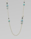 From the Rock Candy Collection. Teardrops, ovals and circles in rich shades of blue are set in gleaming gold and spaced on a long, delicate gold chain.Clear quartz, London blue topaz, amazonite and aquamarine18k yellow goldLength, about 37Lobster claspImported