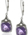 Badgley Mischka Fine Jewelry Sterling Silver White and Champagne Diamonds Large Cushion Cut Amethyst Earrings