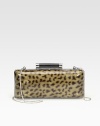 Ultra-glossy patent leather with a chic, muted leopard print; the perfect addition to your night.Detachable chain shoulder strap, 20½ dropTop clasp closureOne inside open pocketFully lined8W X 3H X 1¾DImported