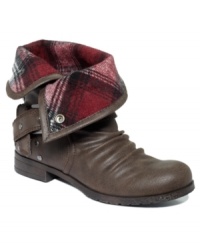 Cool booties keep things interesting with a dose of plaid. Material Girl's Lark booties have a snap closure at the ankle and can be worn with the cuff up or down.