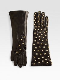 EXCLUSIVELY AT SAKS.COM. An elegant, elongated leather design gets a little edgy with studded detail.About 8 longLeatherSilk liningDry cleanMade in Italy