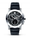 Movado's Vizio® chronograph has a carbon fiber-textured black rubber strap. Solid stainless steel case with tungsten carbide bezel. The black carbon fiber dial has applied markers.