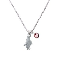 2-D Silver Penguin Charm Necklace with Light Pink Crystal Drop [Jewelry]