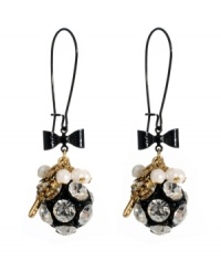 Dare to be dramatic. Bold drop earrings by Betsey Johnson combine sparkling crystal-coated fireballs, mini key and glass stone charms with black ribbon accents. Crafted in gold tone and black-plated mixed metal. Approximate drop: 2-1/2 inches.