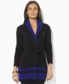 Lauren Ralph Lauren's belted wrap cardigan in a soft cotton blend is perfect for the season, crafted with a color-blocked shawl collar for a look that is effortlessly elegant. (Clearance)