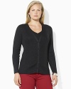 Lustrous jeweled buttons light up the front of a slim-fitting cardigan in sparkling ribbed cotton blend.