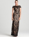 A floral pattern is covered in shimmering sequins on this utterly glamorous Tadashi Shoji gown.