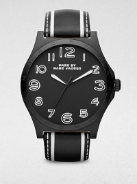 A bold style in blackened stainless steel and supple leather. Quartz movementWater resistant to 5 ATMRound blackened stainless steel case, 43mm (1.7)Logo accented bezelBlack dialNumeric hour markersSecond hand Printed black leather strapImported