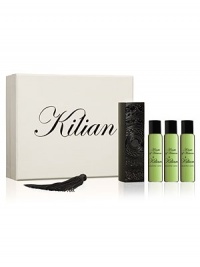 Inspired by Absinth, bittersweet nectar of poets. A travel spray for men and women. A magnetic object, literally. A monolith engraved with the Achilles' shield, signature of L'Oeuvre noire collection. As always, the travel spray is refillable, to travel with your favorite Kilian fragrance. Set of four 0.25 oz. sprays. 