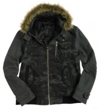 INC, International Concepts Grey Camo Zip Front Faux Fur Trim Hooded Jacket