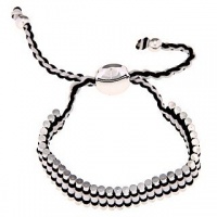 Silvertone Circle with Black and White Cord Adjustable Friendship Bracelet