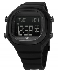 Power through any activity with this ultra-sleek sports watch from adidas. Black polyurethane strap and rectangular polycarbonate case. Black negative display digital dial with ten-lap memory, timer, chronograph, date and alarm. Quartz movement. Water resistant to 50 meters. Two-year limited warranty.