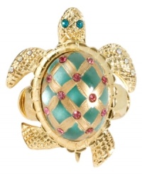 Break out of your shell! Betsey Johnson's glitzy stretch ring features a green-colored pink and green crystal-accented turtle. Crafted in antique gold tone mixed metal. Ring stretches to fit finger.