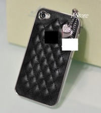 Designer inspired black white Set - 3.5mm pink Anti dust Ear Cap Dock Plug and Leather iPhone 4 4S case-Black