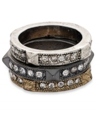 Good things come in threes. This layered ring from Bar III is crafted from gold-tone, silver-tone and hematite-tone mixed metal with glass crystal accents and studs adding a bit of an edge. Size 7.