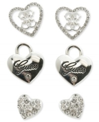 Match any outfit with a lovely design. This set of 3 stud earrings from GUESS features heart designs with jet epoxy and shiny crystal accents. Crafted in silver tone mixed metal. Approximate diameter(s): 1/2 inch to 3/8 inch.