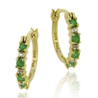 18K Gold over Sterling Silver Genuine Emerald and Diamond Accent Hoop Earrings