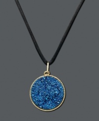 Beat the blues with this uplifting pendant. Setting and bail crafted in 14k gold, showcasing blue druzy crystals. Pendant comes on a black knotted cord. Approximate length: 20 inches. Approximate drop: 1-1/5 inches.