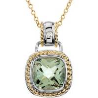 CleverEve's 14K White Gold Yellow Gold 12X12mm Gen Qtz.04Cttw18 Genuine Checkerboard Green Quartz And Diamond Necklace