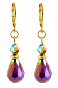 Earrings - E421 - Faceted Fire Polished Glass Hung on Gold Plated Leverbacks ~ Vitral Multi (Aqua, Purple, Blue, Gold) Iridescent Teardrop