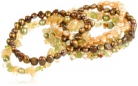 7 Piece Gemstone, Freshwater Cultured Pearl and Crystal Stretch Bracelet Set, Fall Tones, 7.5