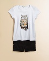 Wise and wondrous, a kaleidoscopic owl is brightly printed on the front of a shapely tee.Scoop neckline with narrow banded trimShort sleevesSubtle shaping through the waistPlain backCottonHand washImported